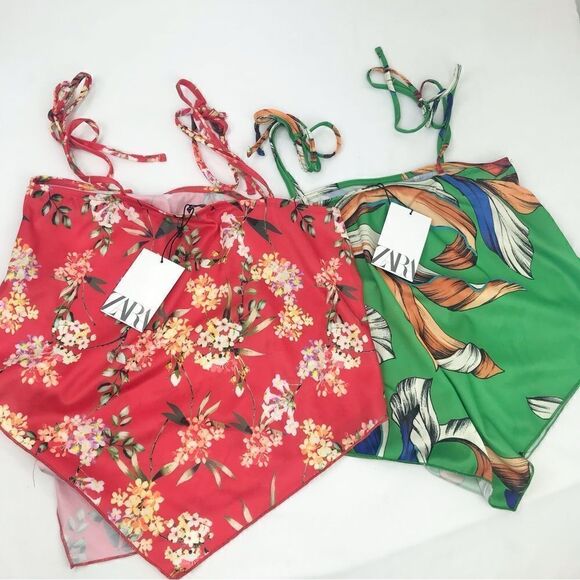 Zara Bundle of Two Red Floral Green Tropical Print Bandana Cami Tank Tops - Picture 3 of 12